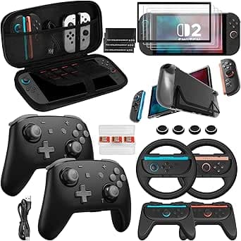 Pro Controllers Accessories for Nintendo Switch 2: Wireless Controller, Carrying Case, Screen Protectors, Dockable Console Protective Case, Steering Wheels and Thumb Grips for Joysticks - Grey